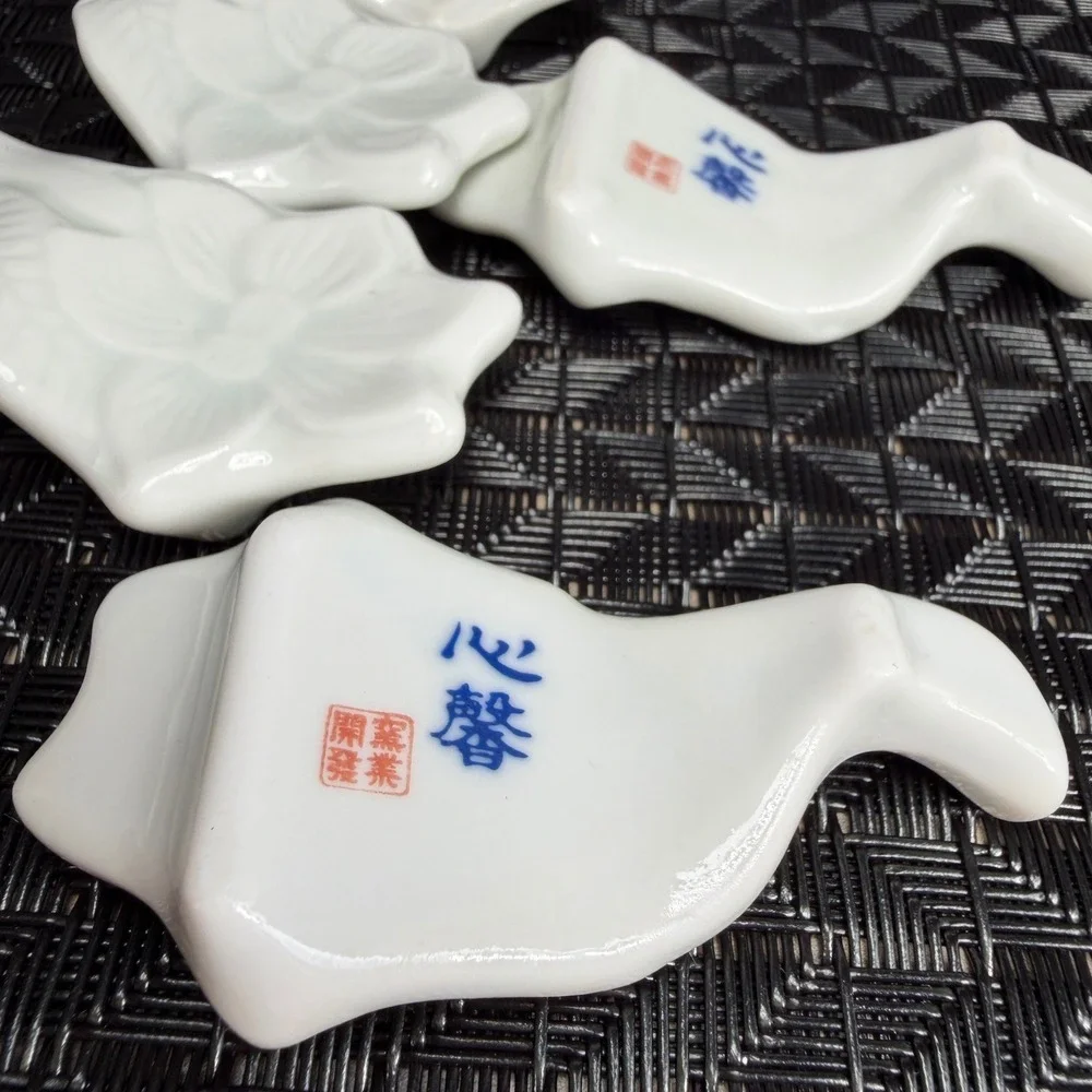 Vintage White Porcelain Floral Chopstick Rests Set of 6 Embossed Flower Leaf VTG